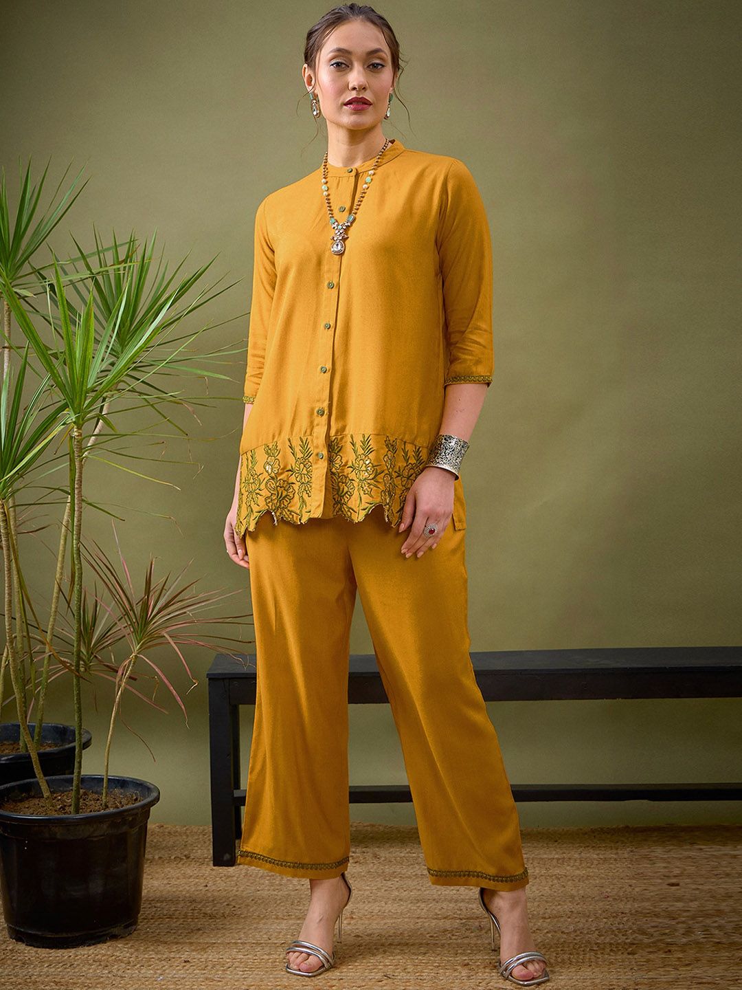 Mustard Yellow Embroidered Shirt With Palazzos Co-Ords