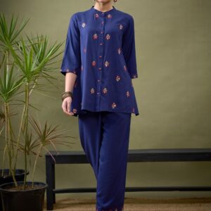 Blue Embroidered Shirt With Palazzos Co-Ords