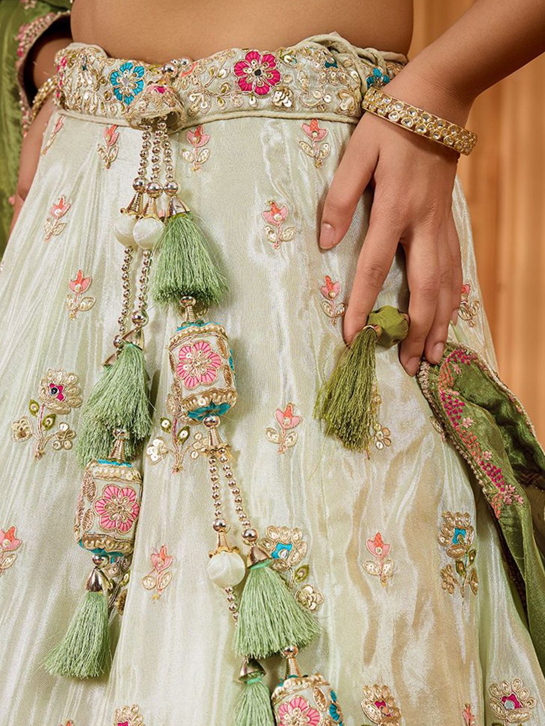 Embroidered Sequinned Semi-Stitched Tissue Lehenga & Blouse With Dupatta - Image 4