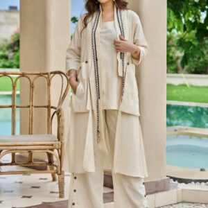 Embellished Round Neck Tunic & Trousers With Shrug Co-Ords