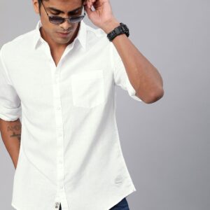 Roadster Men White Cotton Linen Casual Shirt With Roll-Up Sleeves