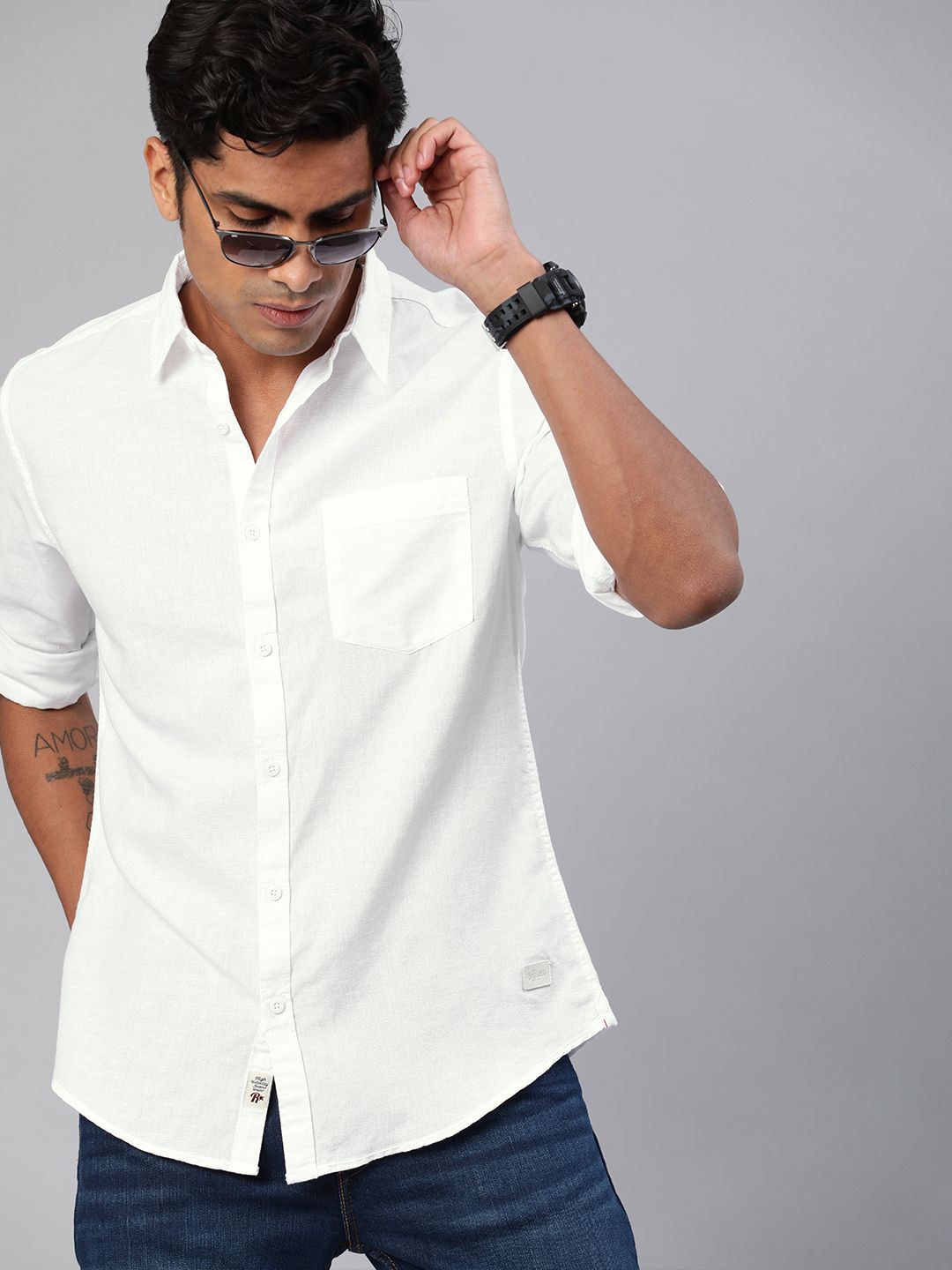 Roadster Men White Cotton Linen Casual Shirt With Roll-Up Sleeves