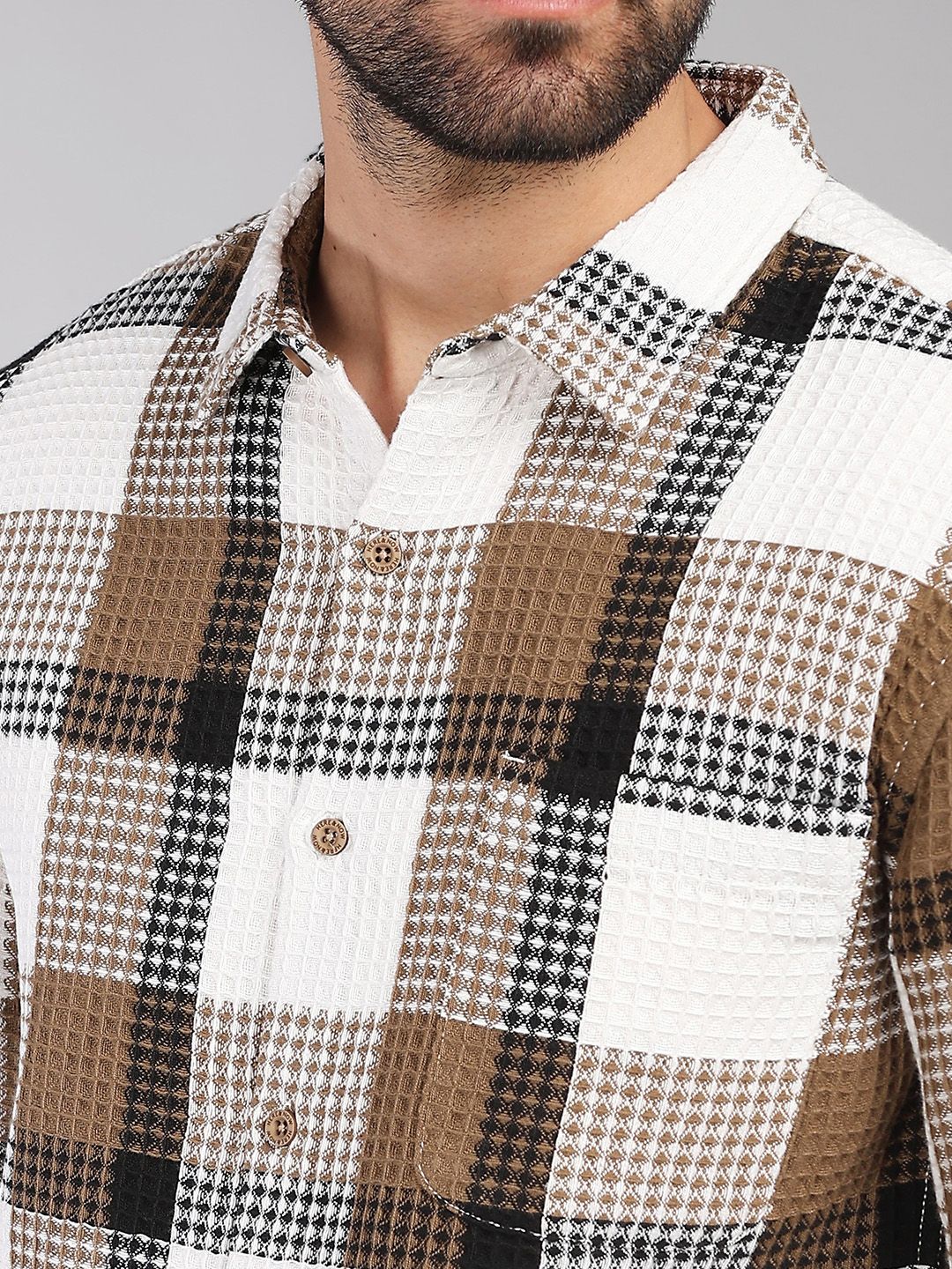 HERE&NOW Tartan Checks Spread Collar Long Sleeves Slim Fit Cotton Casual Shirt - Image 2