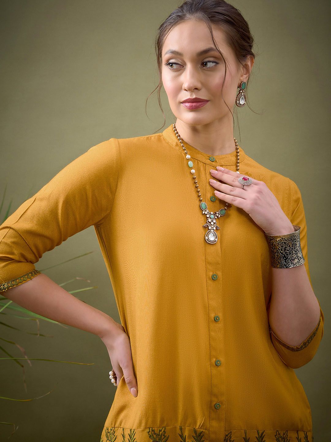 Mustard Yellow Embroidered Shirt With Palazzos Co-Ords - Image 2