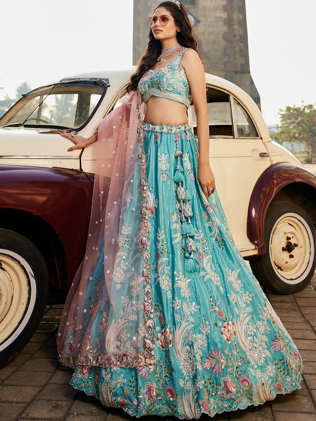 Embroidered Beads and Stones Semi-Stitched Lehenga & Unstitched Blouse With Dupatta - Image 4