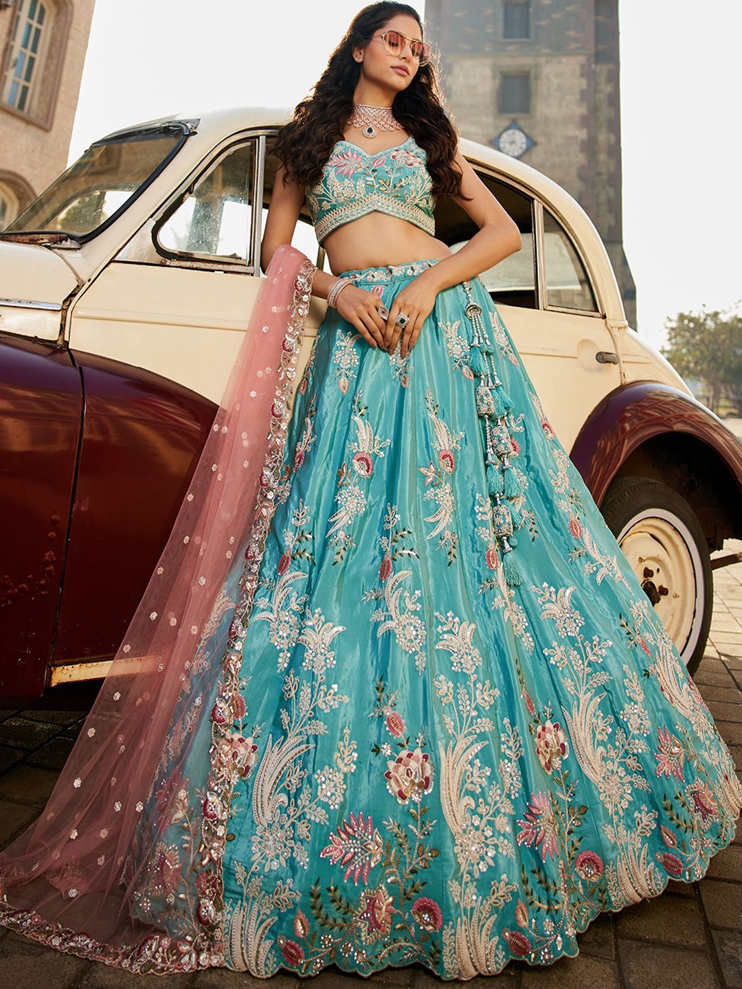 Embroidered Beads and Stones Semi-Stitched Lehenga & Unstitched Blouse With Dupatta