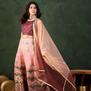 Placement Printed & Woven Design Jacquard Lehenga With Choli & Dupatta