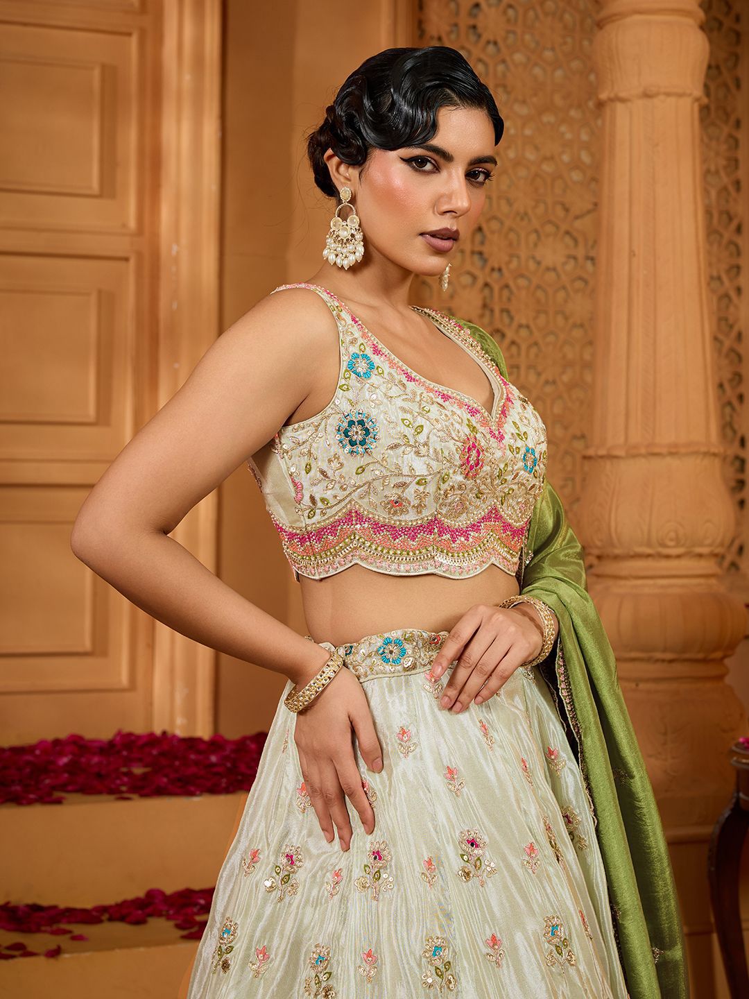 Embroidered Sequinned Semi-Stitched Tissue Lehenga & Blouse With Dupatta - Image 3