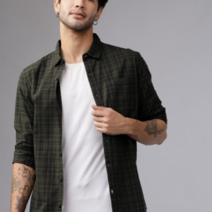 Olive Green & Black Slim Fit Checked Casual Shirt