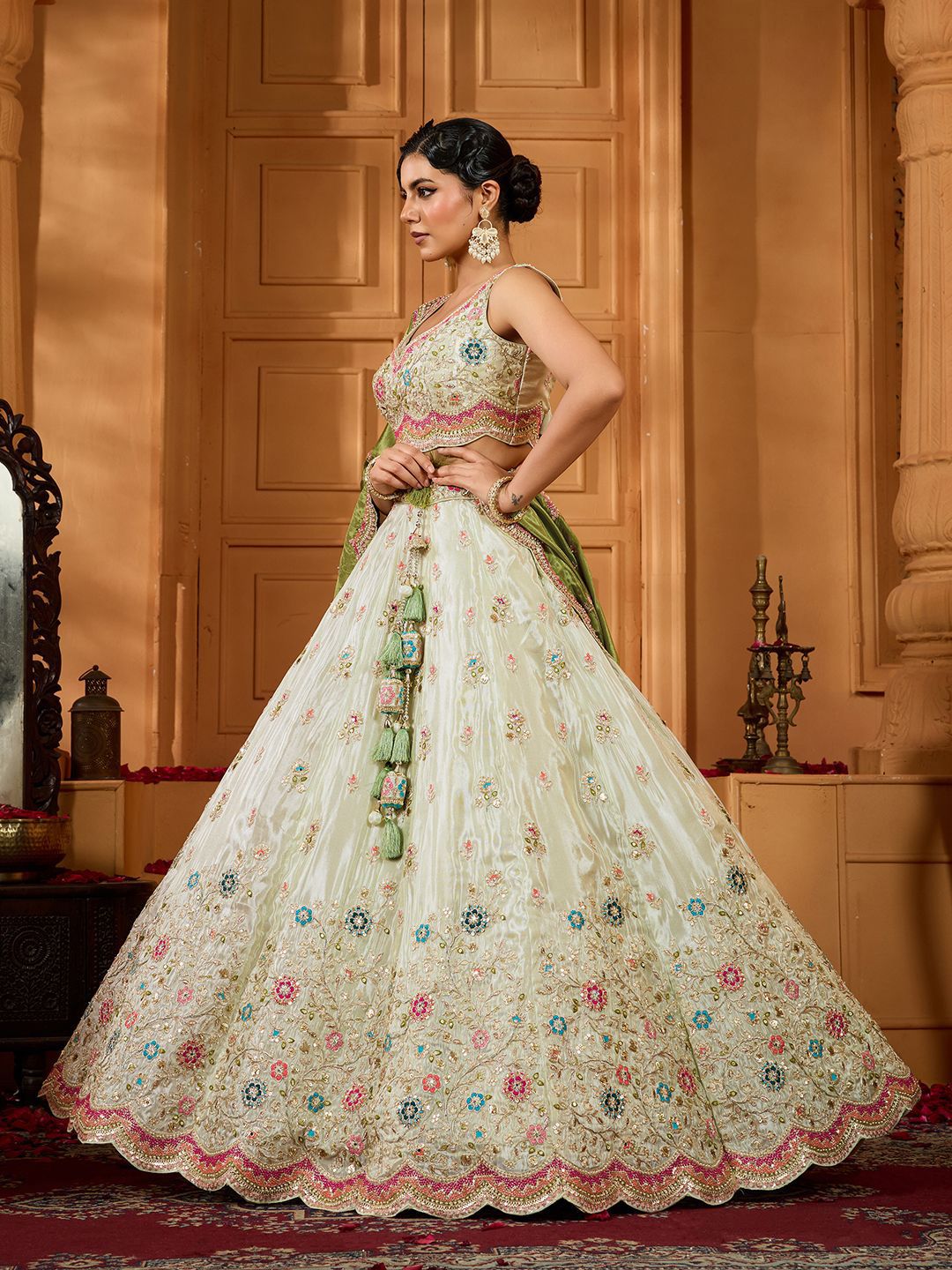 Embroidered Sequinned Semi-Stitched Tissue Lehenga & Blouse With Dupatta - Image 2