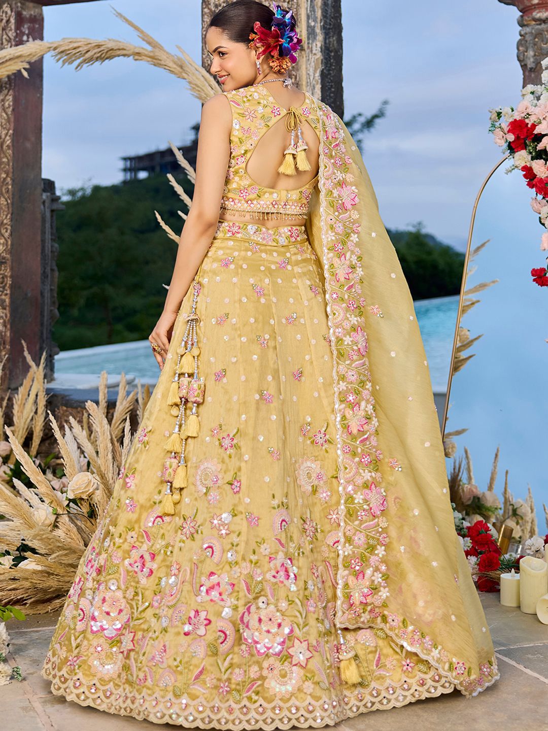 Yellow Embroidered Tissue Sequinned Ready To Wear Lehenga & Blouse With Dupatta - Image 4