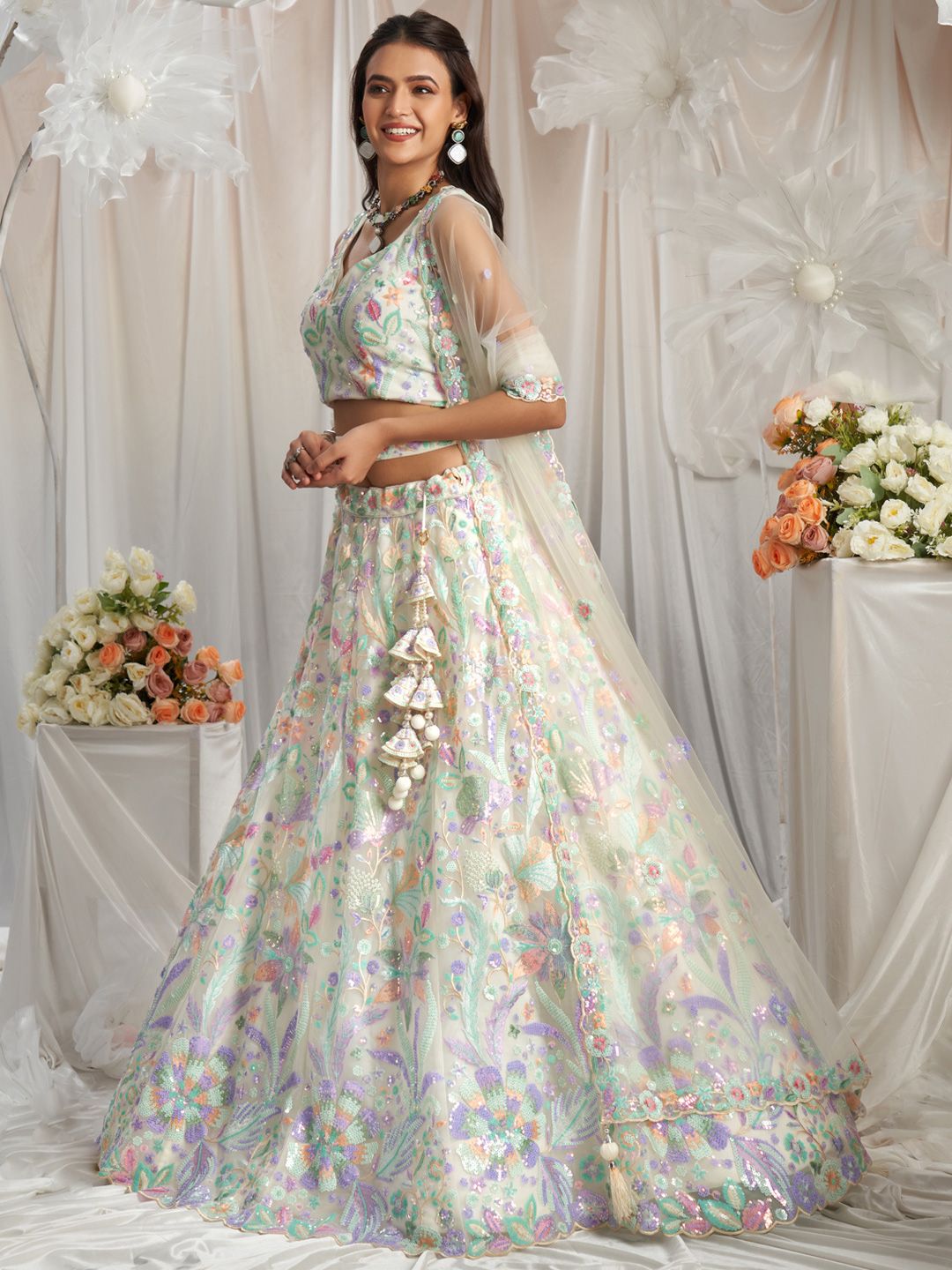 Embroidered Sequinned Net Semi Stitched Lehenga & Unstitched Blouse With Dupatta - Image 4