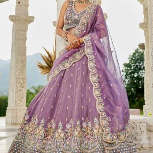 Purple Embroidered Sequinned Satin Silk Ready To Wear Lehenga & Choli With Dupatta