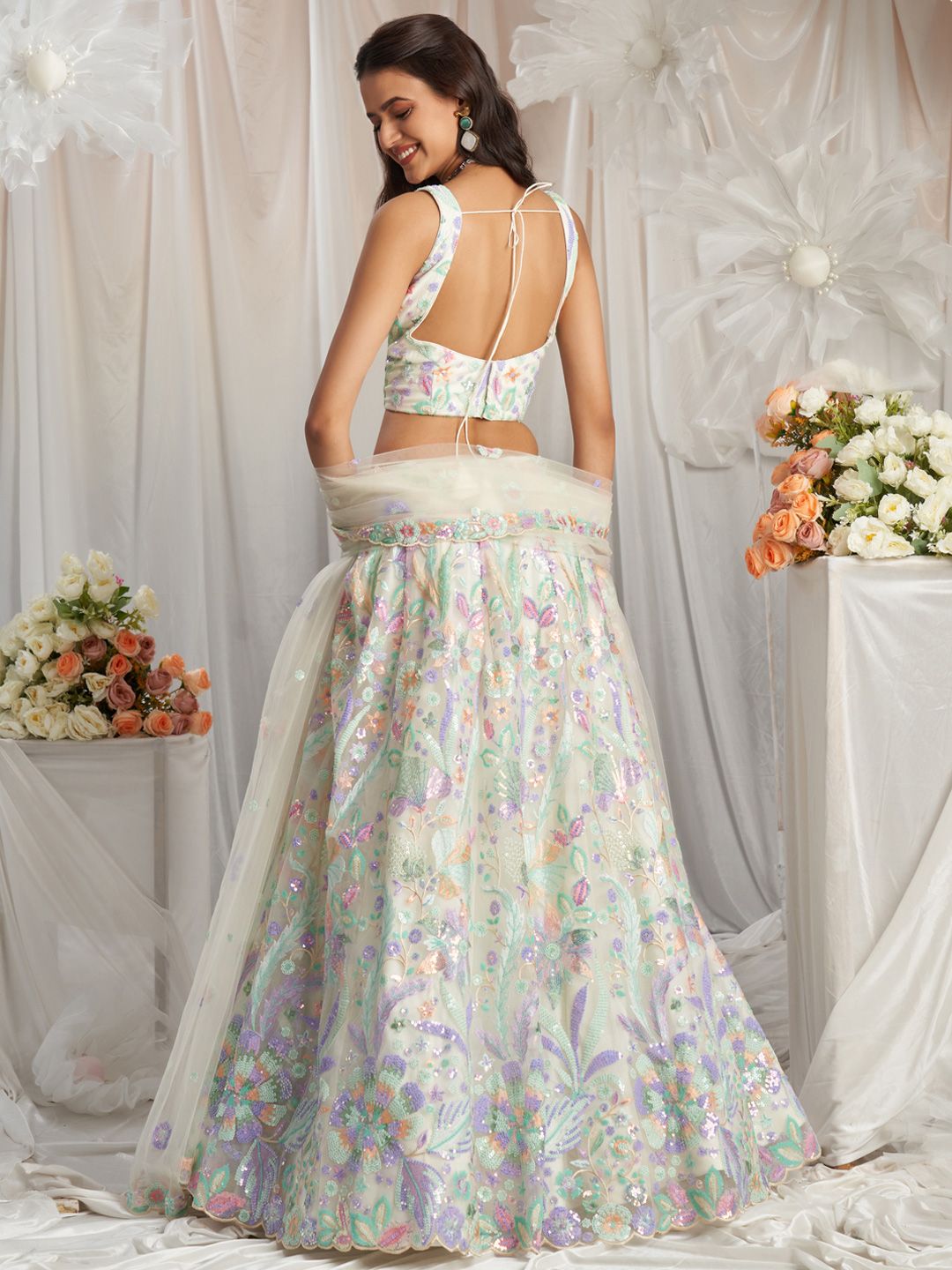 Embroidered Sequinned Net Semi Stitched Lehenga & Unstitched Blouse With Dupatta - Image 3