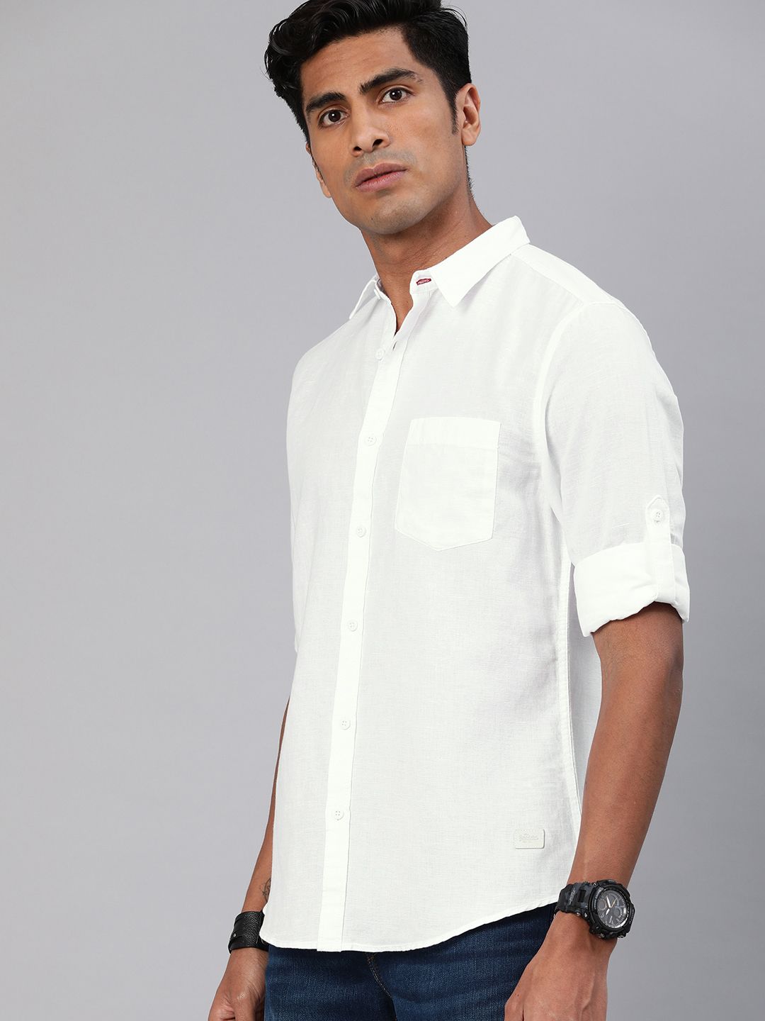 Roadster Men White Cotton Linen Casual Shirt With Roll-Up Sleeves - Image 2