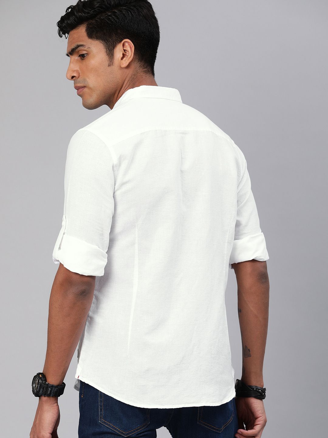Roadster Men White Cotton Linen Casual Shirt With Roll-Up Sleeves - Image 3