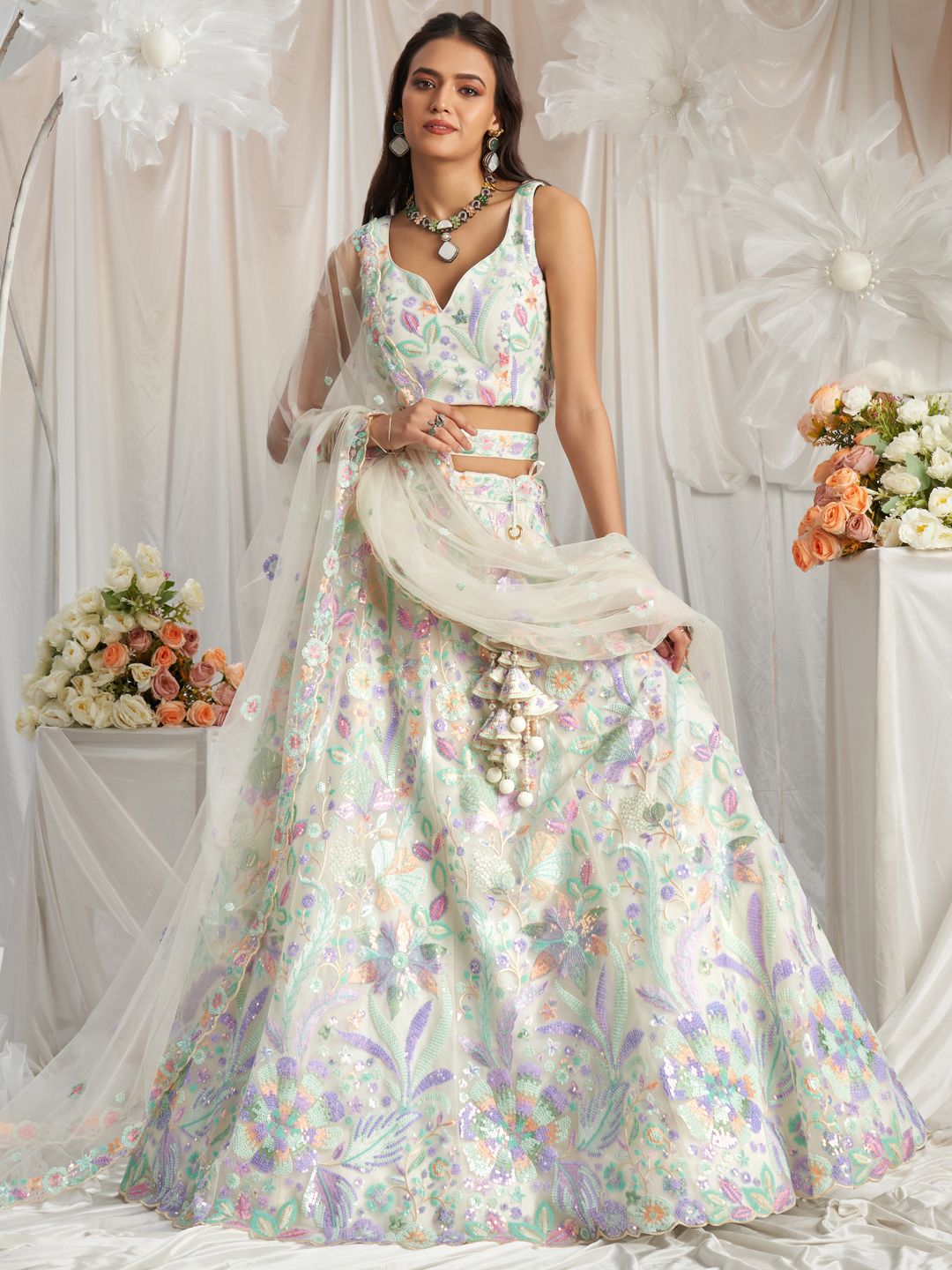 Embroidered Sequinned Net Semi Stitched Lehenga & Unstitched Blouse With Dupatta