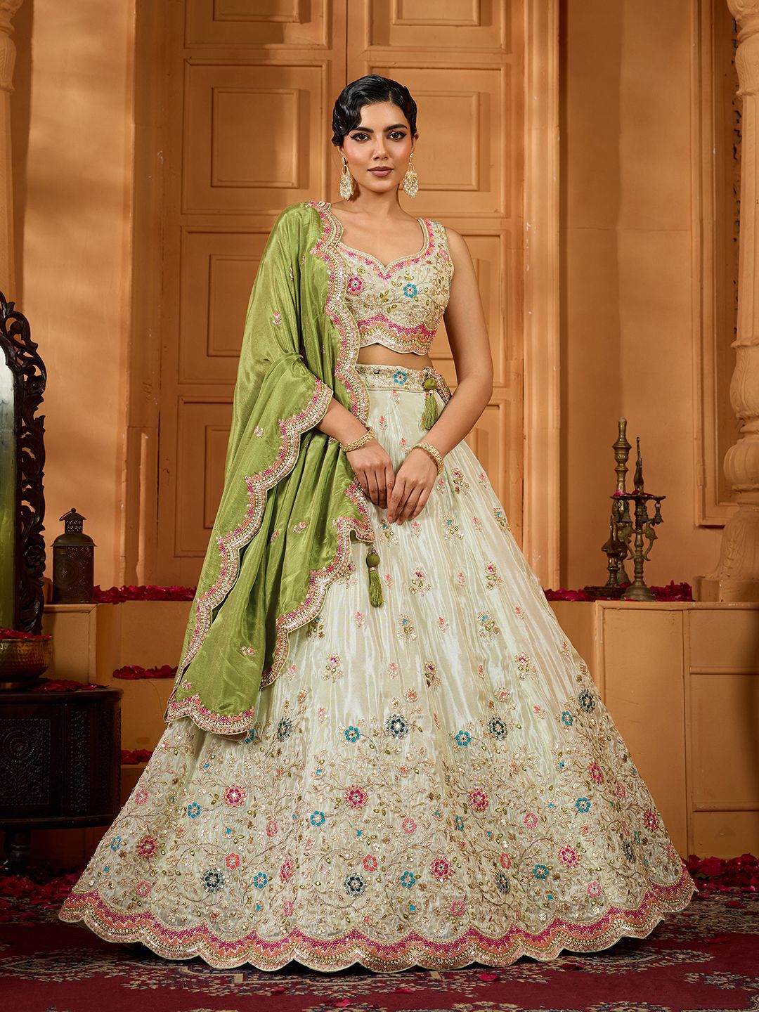 Embroidered Sequinned Semi-Stitched Tissue Lehenga & Blouse With Dupatta
