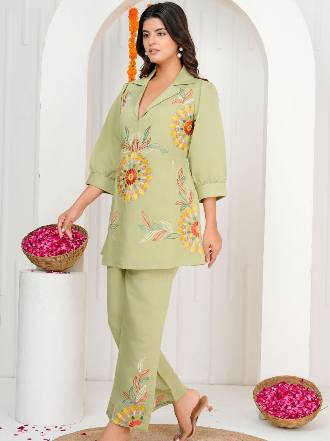 Embroidered Lapel Collar Tunic With Trouser Co-Ords - Image 2