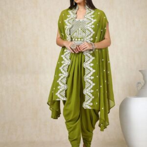 Green Floral Embroidered Round Neck Top & Patiala With Shrug