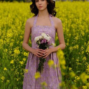 Floral Printed Backless Halter Neck Fit & Flare Dress