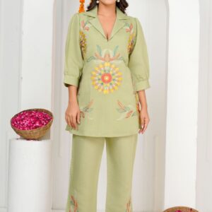 Embroidered Lapel Collar Tunic With Trouser Co-Ords