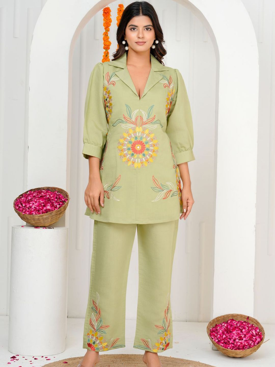Embroidered Lapel Collar Tunic With Trouser Co-Ords