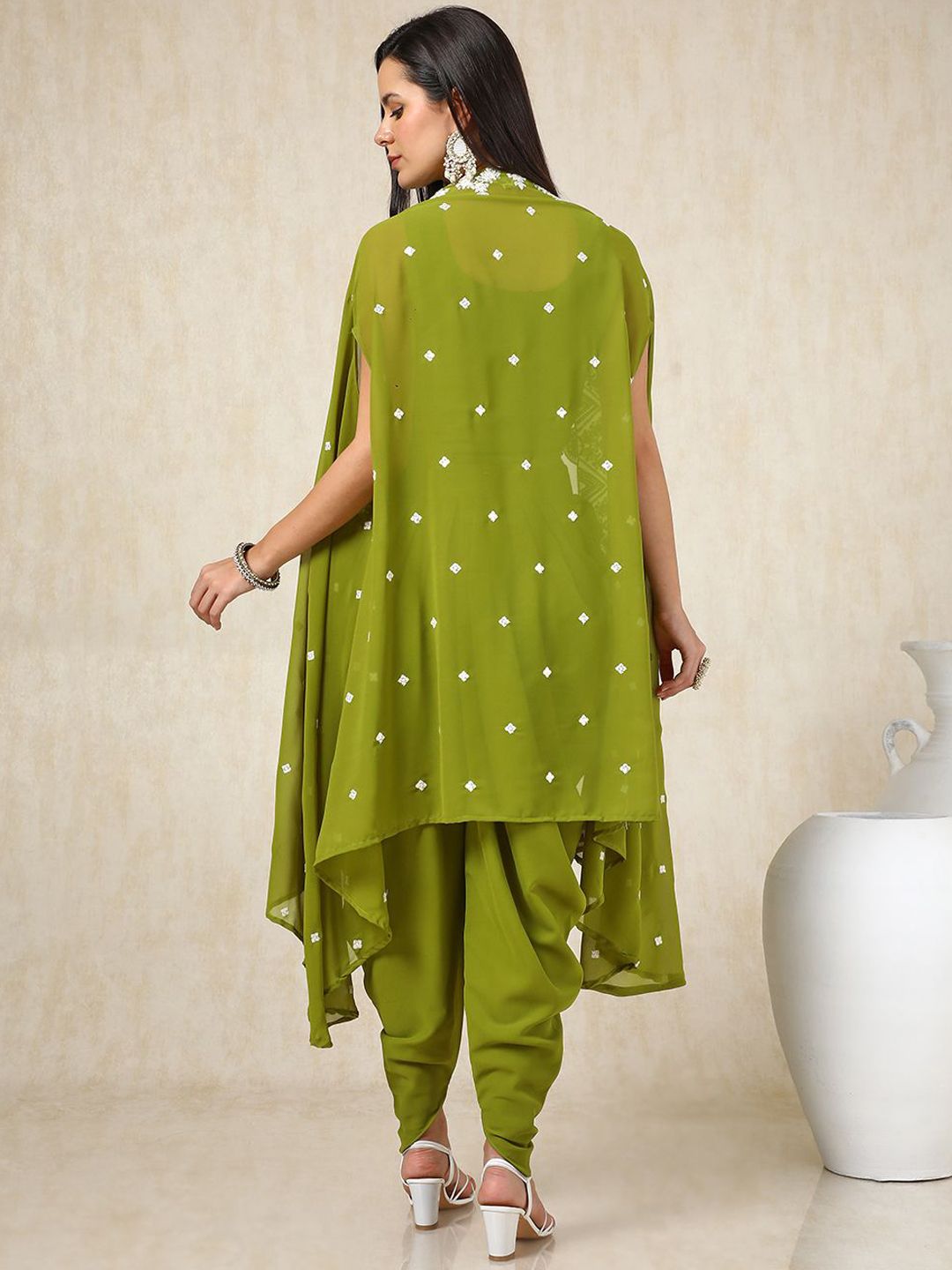 Green Floral Embroidered Round Neck Top & Patiala With Shrug - Image 3